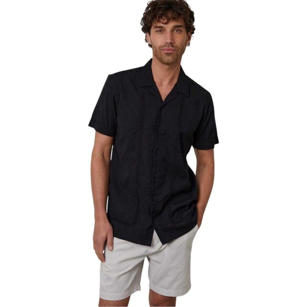 Threadbare Mens Embroidered Collared Short-Sleeved Bowling Shirt / Black